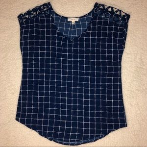 XS blue and white plaid printed blouse